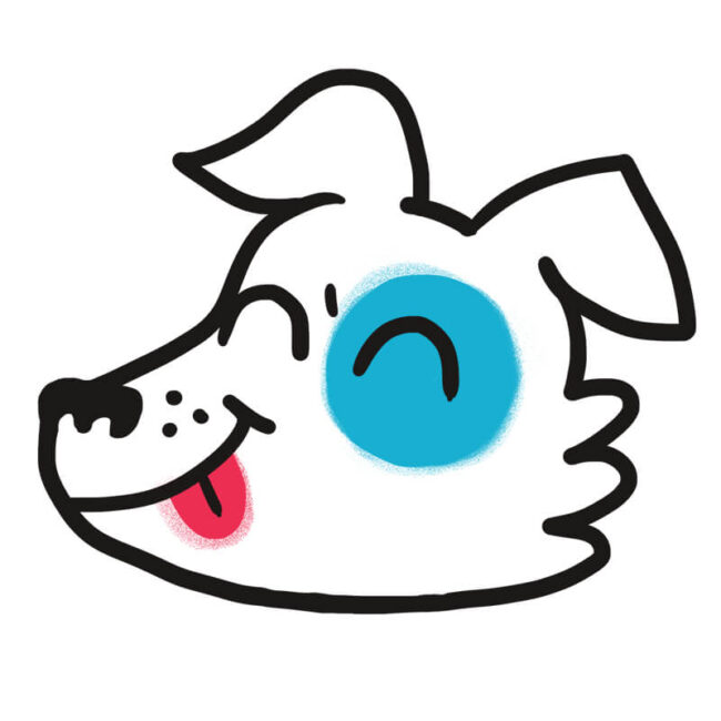 Cartoon-Zeichnung eines glücklichen Hundekopfes mit blauem Kreis um ein Auge, herausgestreckter Zunge und geschlossenen Augen, als ob er lächelt - perfekt zur Illustration von Traumdeutung Hund oder Traumdeutungen über Hunde.