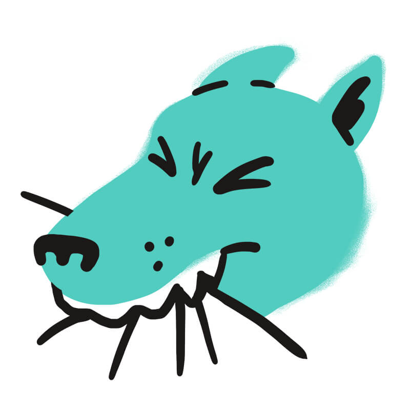 Eine einfache, blaugrüne Cartoon-Zeichnung eines Hundekopfes mit geschlossenen Augen, einem breiten Lächeln mit Zähnen und schwarzen Markierungen für Nase, Ohren und Schnurrhaare auf weißem Hintergrund. Perfekt für die Erforschung der Traumdeutung Hund Symbolik.