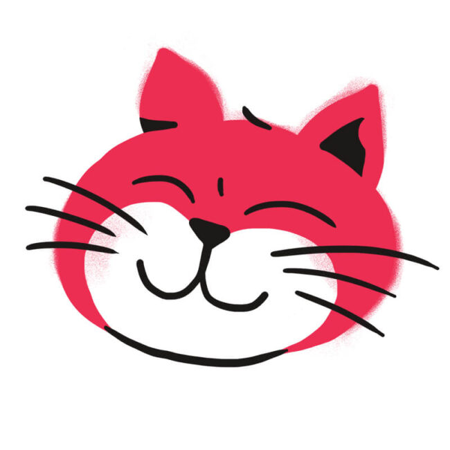 Eine Zeichnung eines lächelnden roten Katzengesichts mit geschlossenen Augen, schwarzen Schnurrhaaren und schwarz gespitzten Ohren auf weißem Hintergrund, die an die sanfte Neugierde von Traumdeutung Hund erinnert.