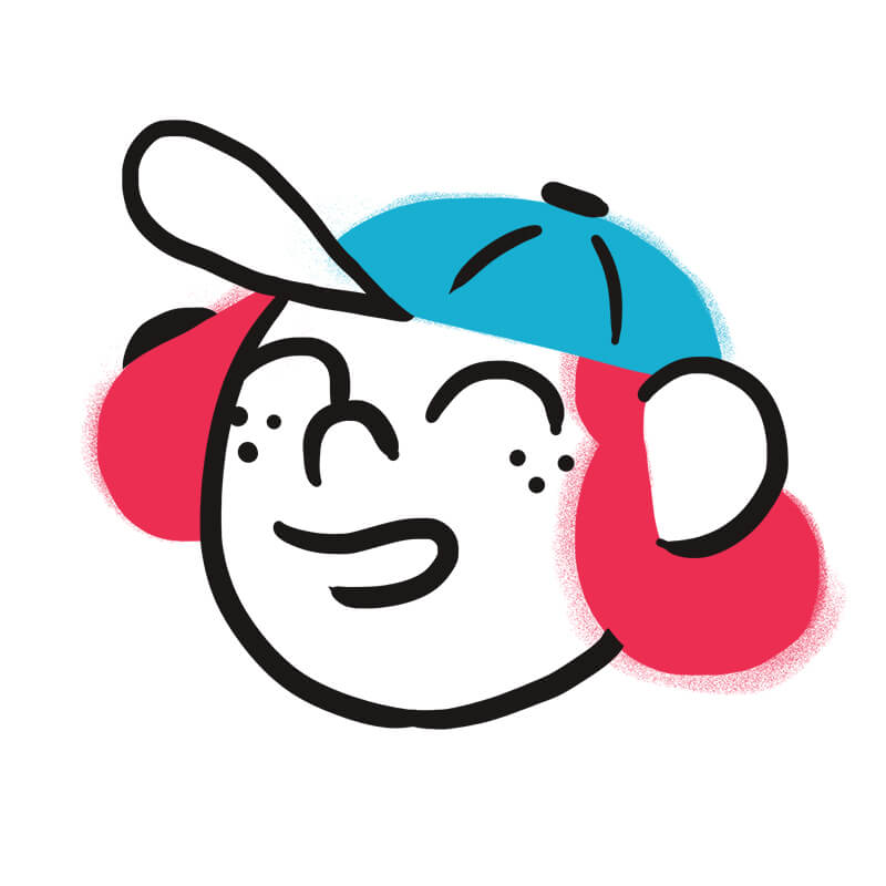 Eine Zeichnung im Cartoon-Stil eines lächelnden Gesichts mit Sommersprossen, das eine blaue Baseballmütze und große rote Ohrenschützer trägt, gezeichnet mit fetten schwarzen Linien auf weißem Hintergrund - perfekt als Traumsymbol in Traumdeutung.