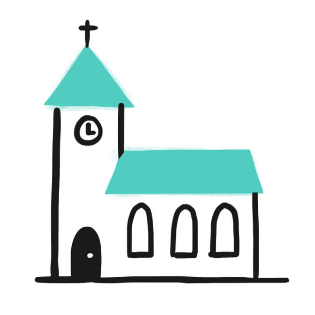 Einfache Zeichnung einer Kirche mit einem hohen Kirchturm, einem Kreuz auf der Spitze, einer Uhr, drei Bogenfenstern und einem türkisfarbenen Dach. Der Umriss ist schwarz auf weiß - ähnlich wie ein Bild aus der Traumdeutung Hund.