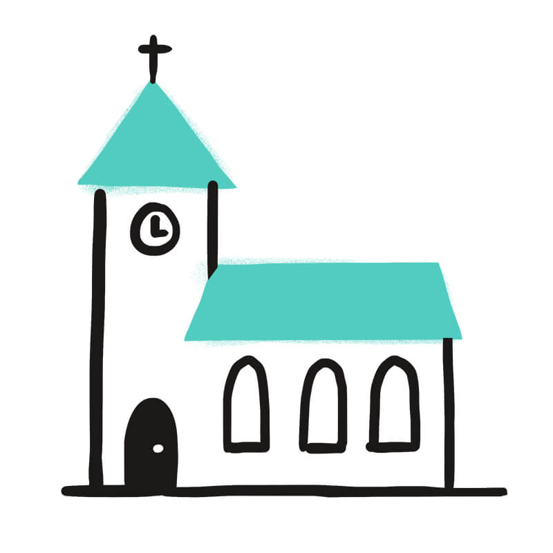 Einfache Zeichnung einer Kirche mit einem hohen Kirchturm, einem Kreuz auf der Spitze, einer Uhr, drei Bogenfenstern und einem türkisfarbenen Dach. Der Umriss ist schwarz auf weiß - ähnlich wie ein Bild aus der Traumdeutung Hund.