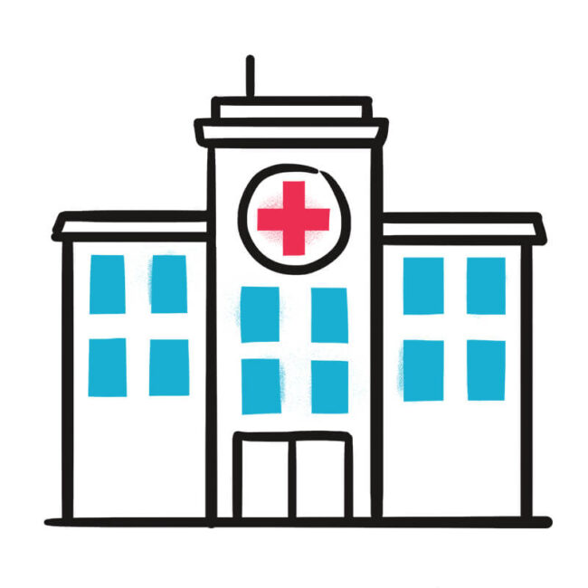 Einfache Zeichnung eines Krankenhausgebäudes mit einem roten Kreuzsymbol über dem Eingang, blauen Fenstern und einer zentralen Tür, alles schwarz umrandet auf weißem Hintergrund - eine Szene, die als Traumsymbol in Traumdeutung erscheinen könnte.