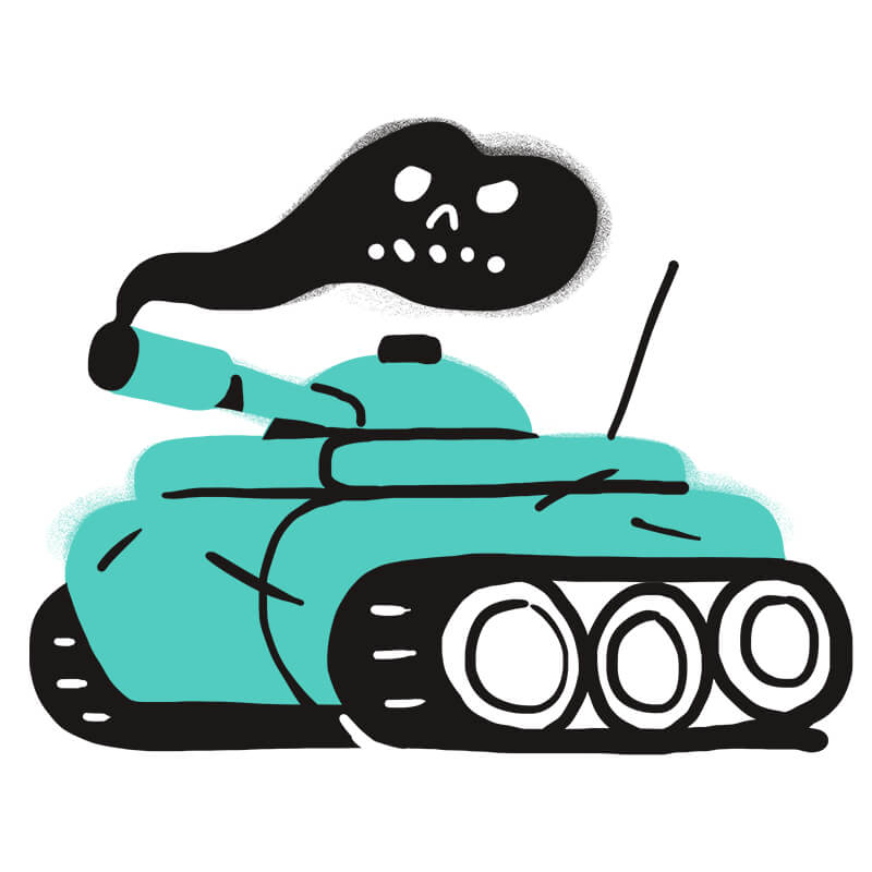 Ein blaugrüner Cartoon-Panzer stößt aus seinem Turm schwarzen Rauch in Form eines Totenkopfes aus, der auf Gefahr oder Giftigkeit hindeutet - ähnlich wie ein Traumsymbol in der Traumdeutung, wo solche Bilder verborgene Ängste offenbaren können. Die Illustration ist einfach, mit kräftigen Linien und minimalen Details.