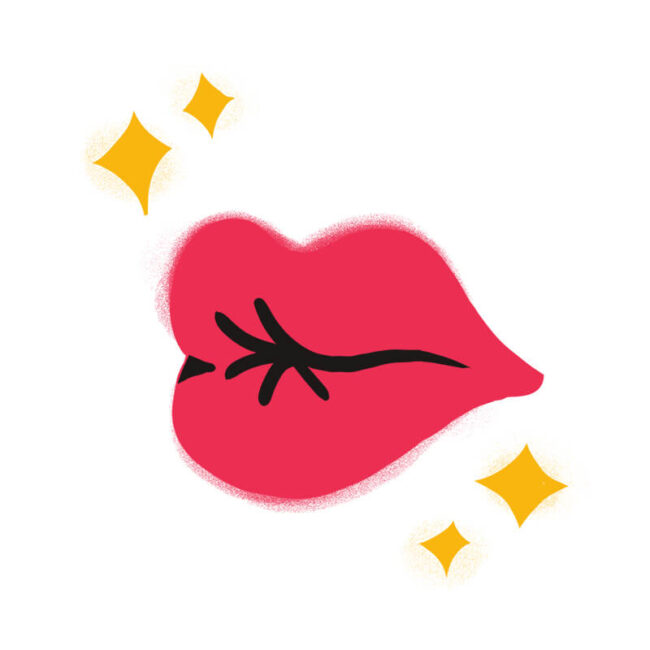 Eine stilisierte Illustration roter Lippen, die sich wie zu einem Kuss zusammenziehen, umgeben von vier gelben Glitzern auf weißem Hintergrund, die den verspielten Charme der Traumdeutung und Traumsymbolik einfangen.