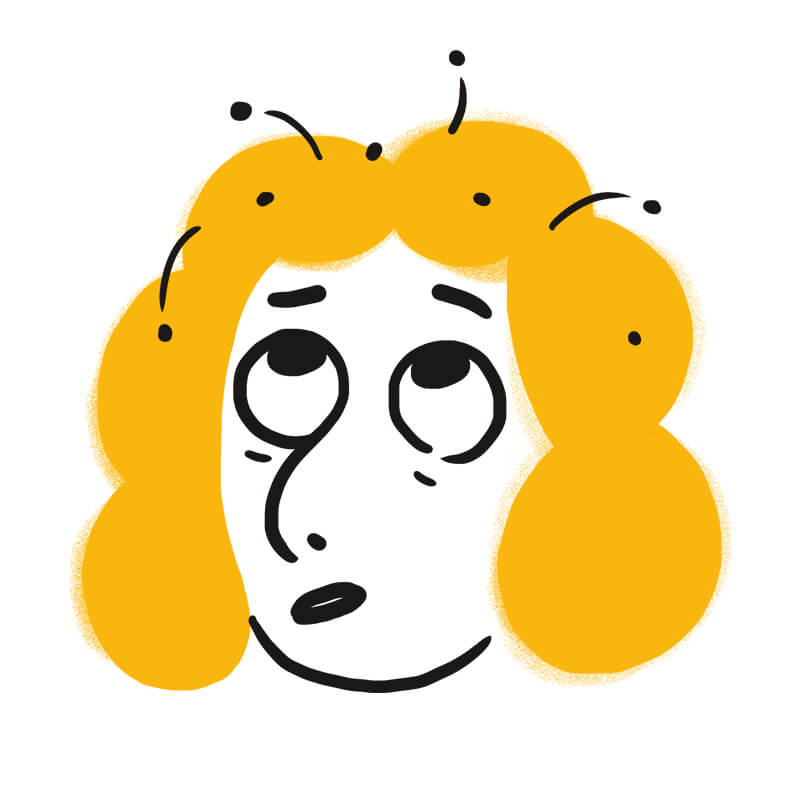 Illustration einer Person mit gelben Locken, die ängstlich nach oben blickt und in deren Haar mehrere kleine schwarze Käfer krabbeln - eine beunruhigende Szene, die an die Symbolik der Traumdeutung Hund erinnert und Gefühle von Sorge und Unbehagen hervorruft.