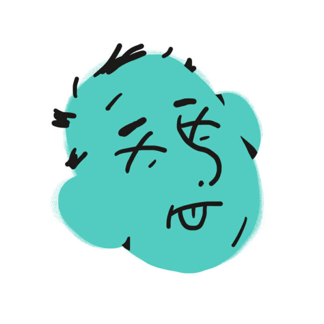 Eine einfache, abstrakte Zeichnung eines blaugrünen Gesichts mit schwarzem, unordentlichem Haar, ungleichmäßigen Augen und herausgestreckter Zunge - wie eine verspielte Traumdeutung Hund - alles in Schwarz auf weißem Hintergrund.