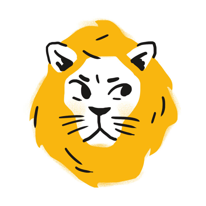 Eine einfache, stilisierte Zeichnung eines Löwenkopfes mit gelber Mähne, weißem Gesicht, schwarzen Augen und schwarzen Linien für die Gesichtszüge auf weißem Hintergrund - perfekt zur Veranschaulichung von Konzepten in Traumdeutung oder zum Vergleich von Tiersymbolen wie dem Hund.