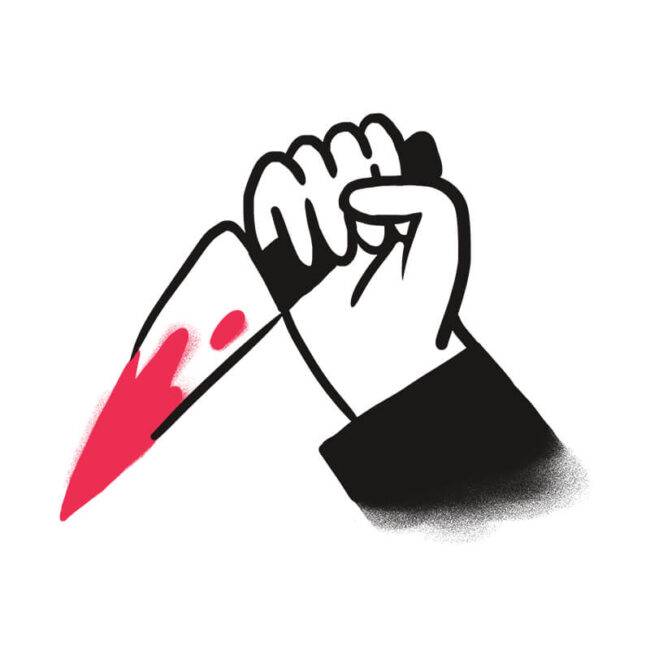 Eine Hand im Cartoon-Stil, die ein großes Messer mit roten, blutähnlichen Flecken auf der Klinge hält, evoziert surreale Bilder, die an Traumdeutung erinnern. Der schlichte weiße Hintergrund gewährleistet die Konzentration auf die symbolische Szene.