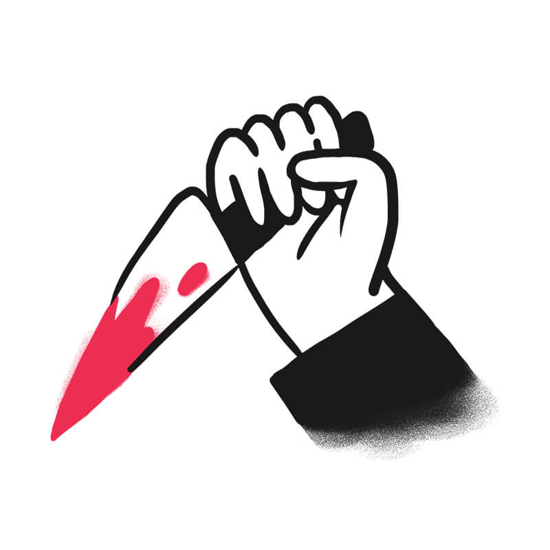 Eine Hand im Cartoon-Stil, die ein großes Messer mit roten, blutähnlichen Flecken auf der Klinge hält, evoziert surreale Bilder, die an Traumdeutung erinnern. Der schlichte weiße Hintergrund gewährleistet die Konzentration auf die symbolische Szene.