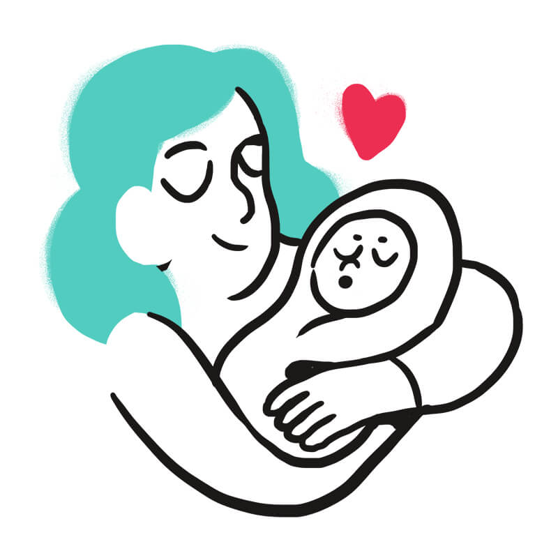 Eine Zeichnung einer lächelnden Frau mit blaugrünem Haar, die ein gewickeltes Baby hält, beide Augen geschlossen, mit einem roten Herz darüber, das Liebe und Zuneigung symbolisiert - ähnlich wie der Trost, der in Traumdeutung Hund zu sehen ist.