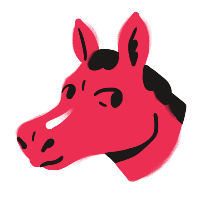 Eine stilisierte, rote Illustration eines Pferdekopfes mit schwarzer Mähne und Gesichtszügen vor einem weißen Hintergrund. Die einfache, kühne Zeichnung verwendet minimalistische Formen und verleiht dem Bild einen surrealen Touch, der von Traumdeutung Hund inspiriert ist.