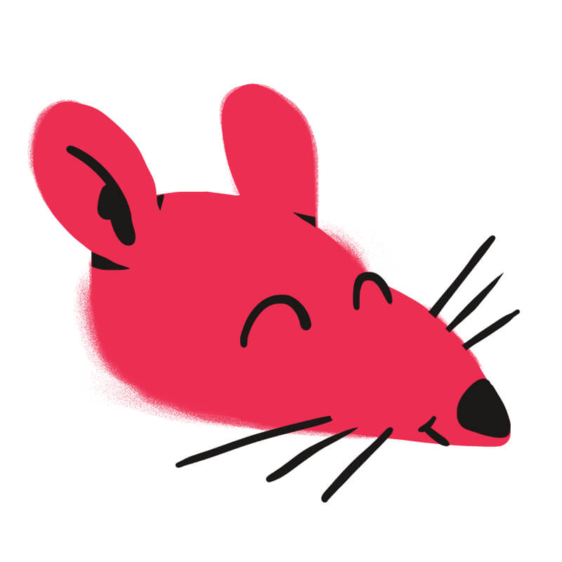 Eine einfache Zeichnung im Cartoon-Stil eines roten Mäusekopfes mit großen Ohren, geschlossenen lächelnden Augen, einer kleinen schwarzen Nase und langen schwarzen Schnurrhaaren auf weißem Hintergrund, die an Illustrationen erinnert, die man oft in Traumdeutung Hund-Geschichten findet.