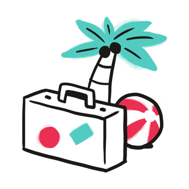 Ein Cartoon-Koffer sitzt vor einer Palme und einem rot-weißen Strandball und erinnert an ein lustiges Urlaubs- oder Reisethema. Der Koffer ist mit roten und grünen Formen versehen, inspiriert von Traumdeutung Hund für diejenigen, die von Abenteuern mit ihrem Hund träumen.