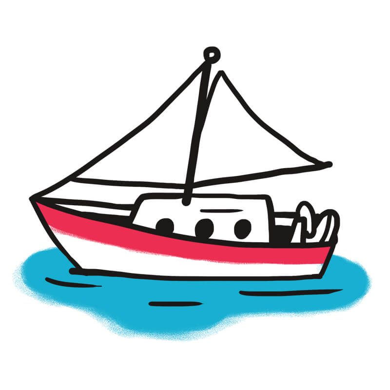 Die schlichte Zeichnung eines weiß-roten Segelboots mit Segel, das auf blauem Wasser treibt, spiegelt die Ruhe der Traumdeutung wider, die auf einem schlichten weißen Hintergrund dargestellt ist.