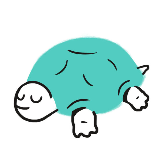 Eine einfache Zeichnung im Cartoon-Stil einer lächelnden Schildkröte mit blaugrünem Panzer, weißem Kopf und Beinen, schwarz umrandet, auf einem schlichten weißen Hintergrund - perfekt zur Illustration von Traumdeutungsthemen oder zur Kombination mit Zeichnungen eines Hundes.
