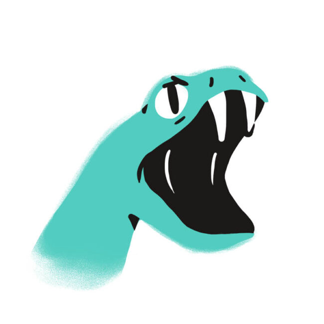 Eine stilisierte Illustration einer blaugrünen Schlange mit weit aufgerissenem Maul, das scharfe Reißzähne und ein dunkles Inneres zeigt, evoziert das Gefühl der Traumdeutung vor einem schlichten weißen Hintergrund.