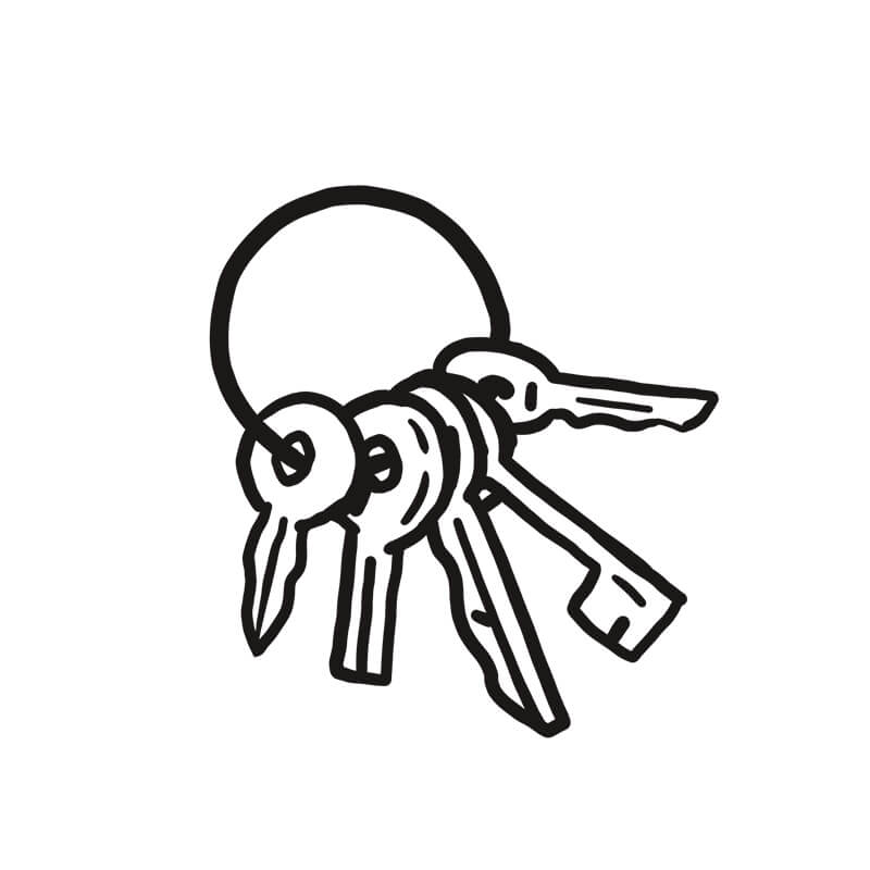 Eine einfache Schwarz-Weiß-Illustration eines Schlüsselanhängers mit vier verschiedenen Schlüsseln, jeder mit einer einzigartigen Form, auf einem schlichten weißen Hintergrund - perfekt für Themen wie Traumdeutung oder Symbole wie Hund in der Traumdeutung.