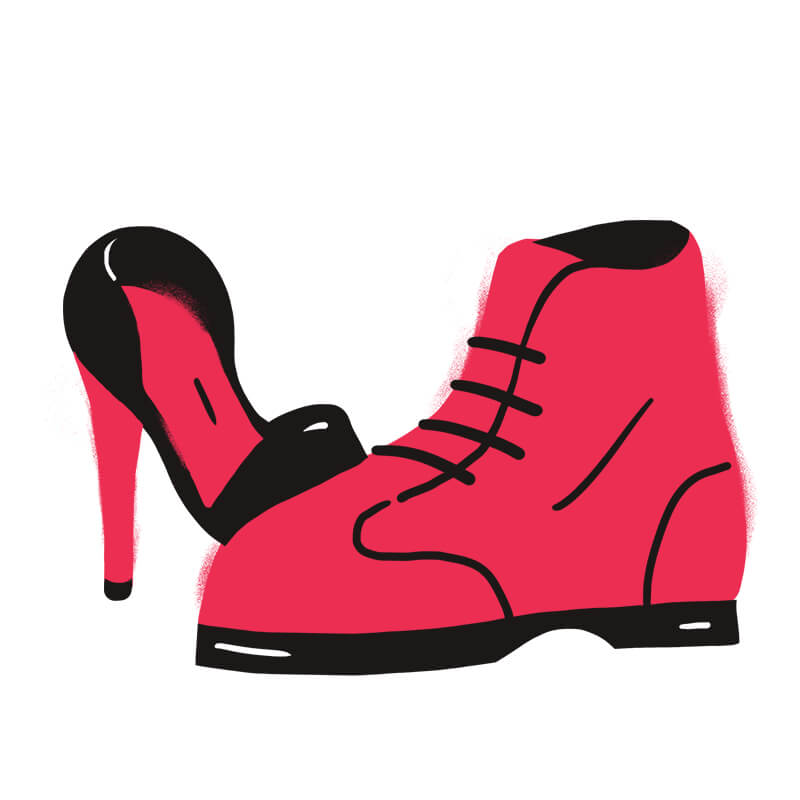 Ein rosafarbener Stöckelschuh und ein rosafarbener Schnürschuh stehen nebeneinander auf weißem Grund, beide mit schwarzen Akzenten versehen - wie Traumsymbole in Traumdeutung laden sie zu einzigartigen Interpretationen ein.