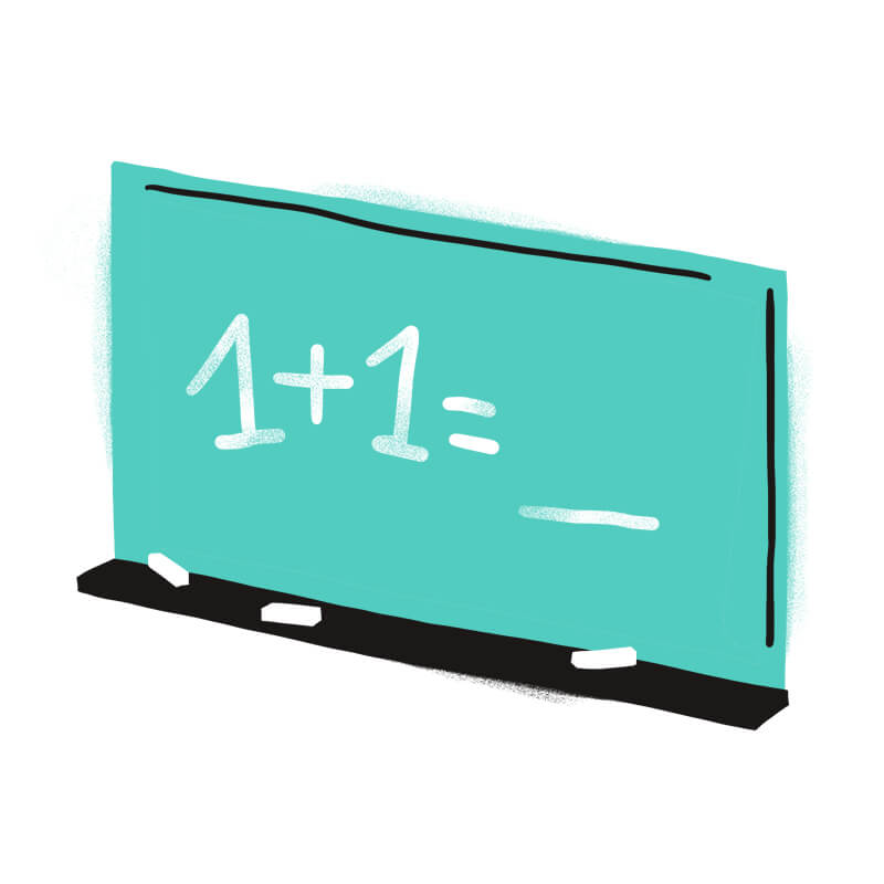 Eine grüne Kreidetafel mit der mit weißer Kreide geschriebenen mathematischen Gleichung 1 + 1 =, gefolgt von einem leeren Feld für die Antwort - eine Szene, die an das Lernen in der Kindheit oder sogar an eine Traumdeutung Hund erinnert. Auf dem Tablett darunter liegen Kreidestückchen.