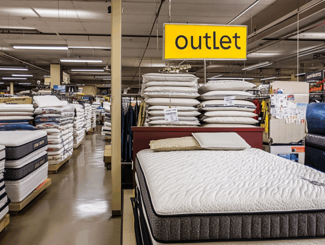 Das Innere des Ladens ist mit Stapeln von Markenmatratzen gefüllt, darüber hängt ein großes gelbes "Outlet"-Schild, das auf reduzierte Artikel hinweist. Kissen und Matratzen-Outlet-Angebote sind ordentlich im Raum verteilt.