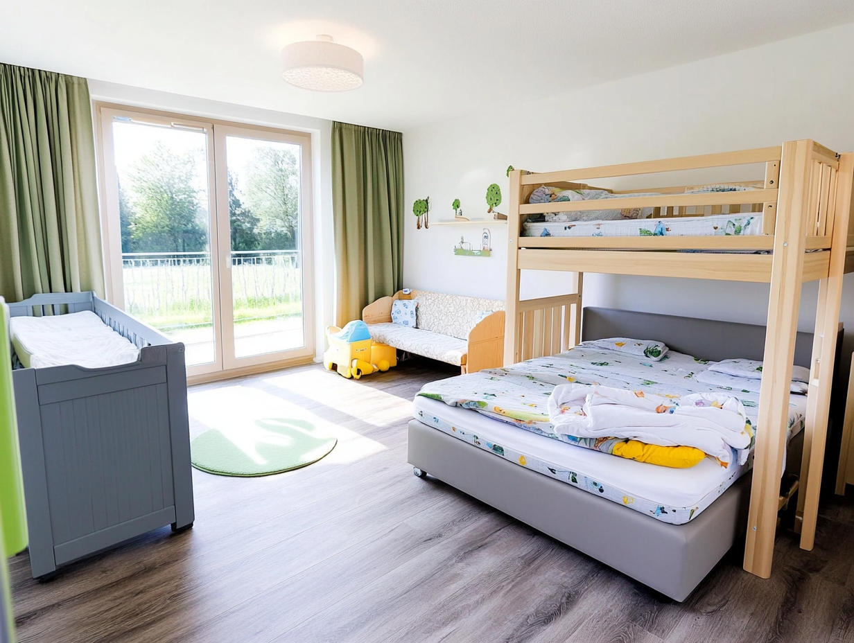 Helles Kinderzimmer mit großem Fenster, Etagenbett, grauem Kinderbett, kleiner Couch, grünen Vorhängen und buntem Dekor. Sonnenlicht füllt den Raum; verschiedene Bettarten sind zusammen mit einem grünen Teppich und Spielzeug-LKW auf dem Boden vorgestellt.