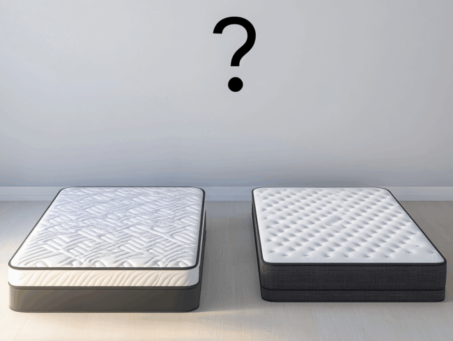 Zwei verschiedene Matratzen auf einem hellen Holzboden mit einem großen schwarzen Fragezeichen über ihnen, das die Herausforderung hervorhebt, die richtige Matratze für Ihre Bedürfnisse zu finden.