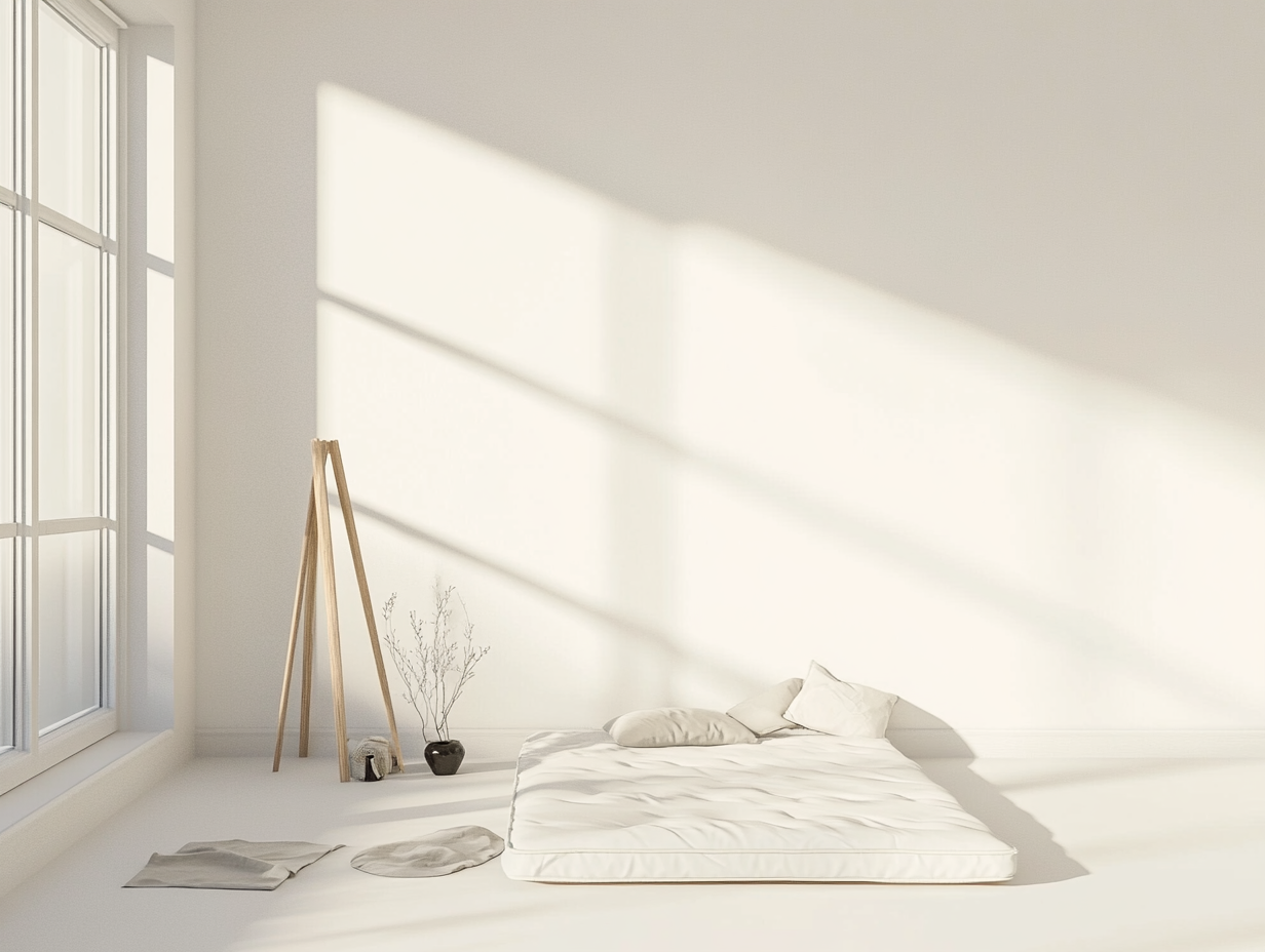 Ein helles, minimalistisches Zimmer mit einer Matratze auf dem Boden ohne Bettgestell, zwei Kissen, einer Decke, einer Vase mit getrockneten Zweigen und einem Holzständer neben großen Fenstern. Sonnenlicht strömt herein und wirft Schatten auf die weißen Wände.