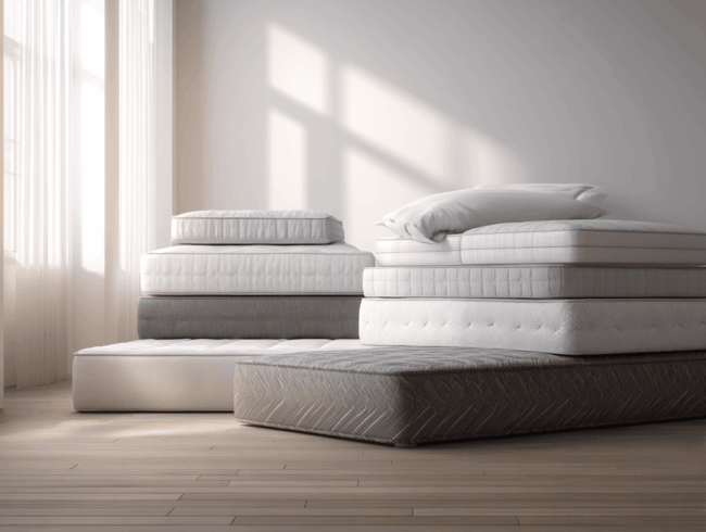 Ein minimalistisches Zimmer mit mehreren gestapelten Matratzen in verschiedenen Matratzengrößen und Kissen in neutralen Tönen, Sonnenlicht, das durch durchsichtige Vorhänge auf einen Holzboden fällt.