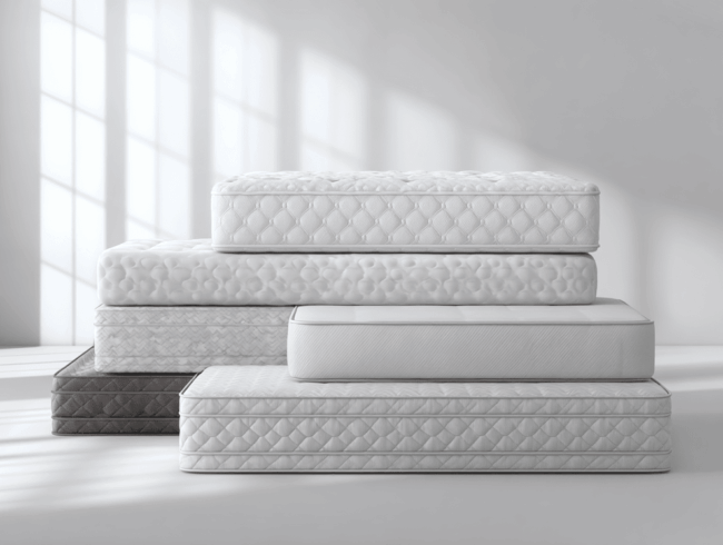 Ein Stapel von fünf Matratzen in verschiedenen Weiß- und Grautönen - jede zeigt eine andere Matratzenart - ist in einem hellen Raum mit großen Fenstern angeordnet und wirft weiche Schatten auf den Boden.