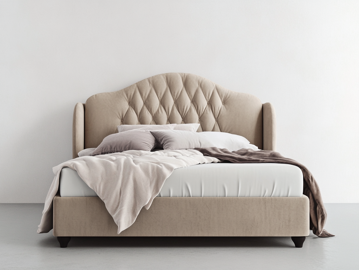 Ein beigefarbenes gepolstertes Doppelbett mit getuftetem Kopfteil, weißer Bettwäsche, einer gräulichen Überwurfdecke und mehreren Kissen steht vor einer schlichten weißen Wand auf einem hellgrauen Boden.