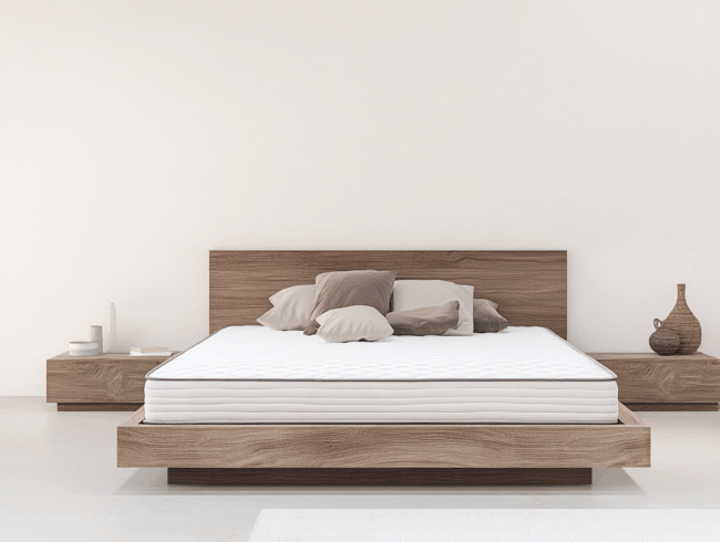Ein minimalistisches Schlafzimmer mit einem Holzbettgestell, einer weißen Matratze - perfekt für alle, die sich fragen, was eine gute Matratze kostet - und neutral getönten Kissen. Passende Nachttische halten einfache Dekoration und eine Korbvase vor einer schlichten weißen Wand.