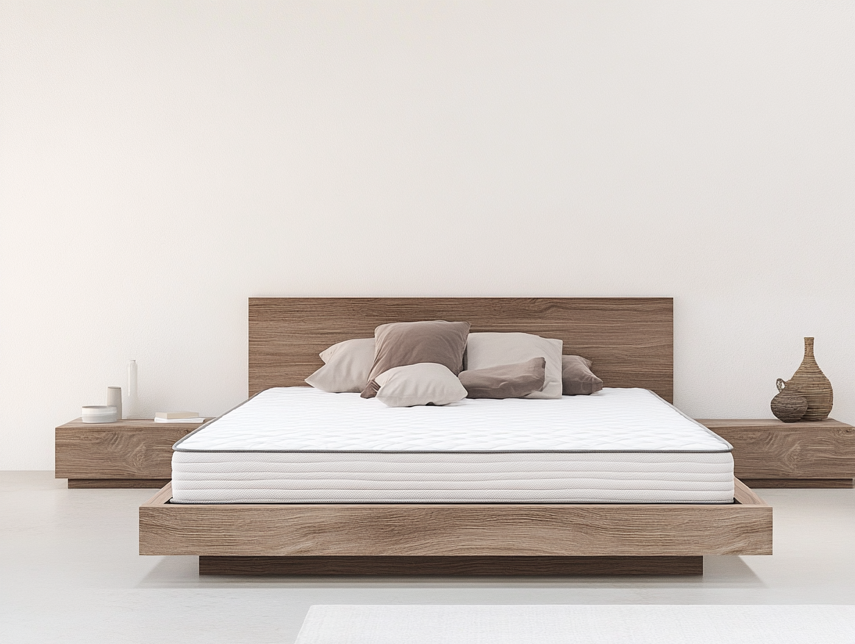 Ein minimalistisches Schlafzimmer mit einem Holzbettgestell, einer weißen Matratze - perfekt für alle, die sich fragen, was eine gute Matratze kostet - und neutral getönten Kissen. Passende Nachttische halten einfache Dekoration und eine Korbvase vor einer schlichten weißen Wand.