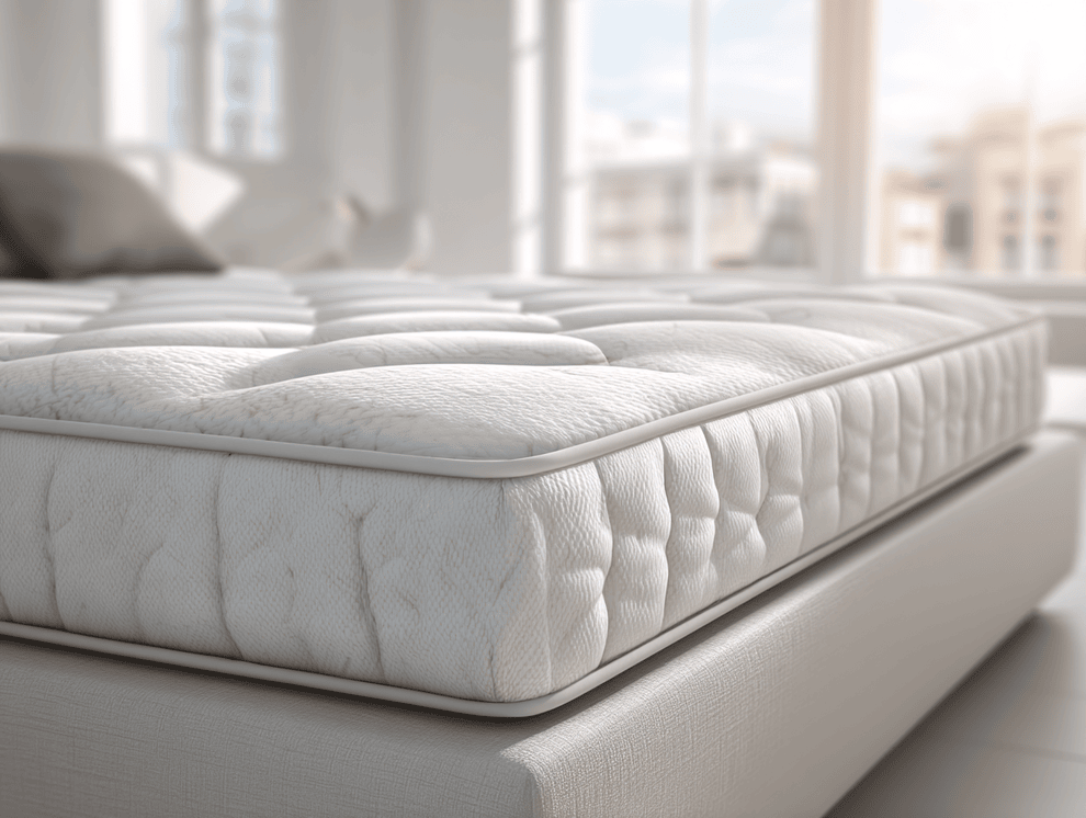 Eine Nahaufnahme einer dicken, weißen Tonnentaschenfederkernmatratze auf einem hellen Bettgestell in einem hellen, sonnenbeschienenen Schlafzimmer mit großen Fenstern im Hintergrund.