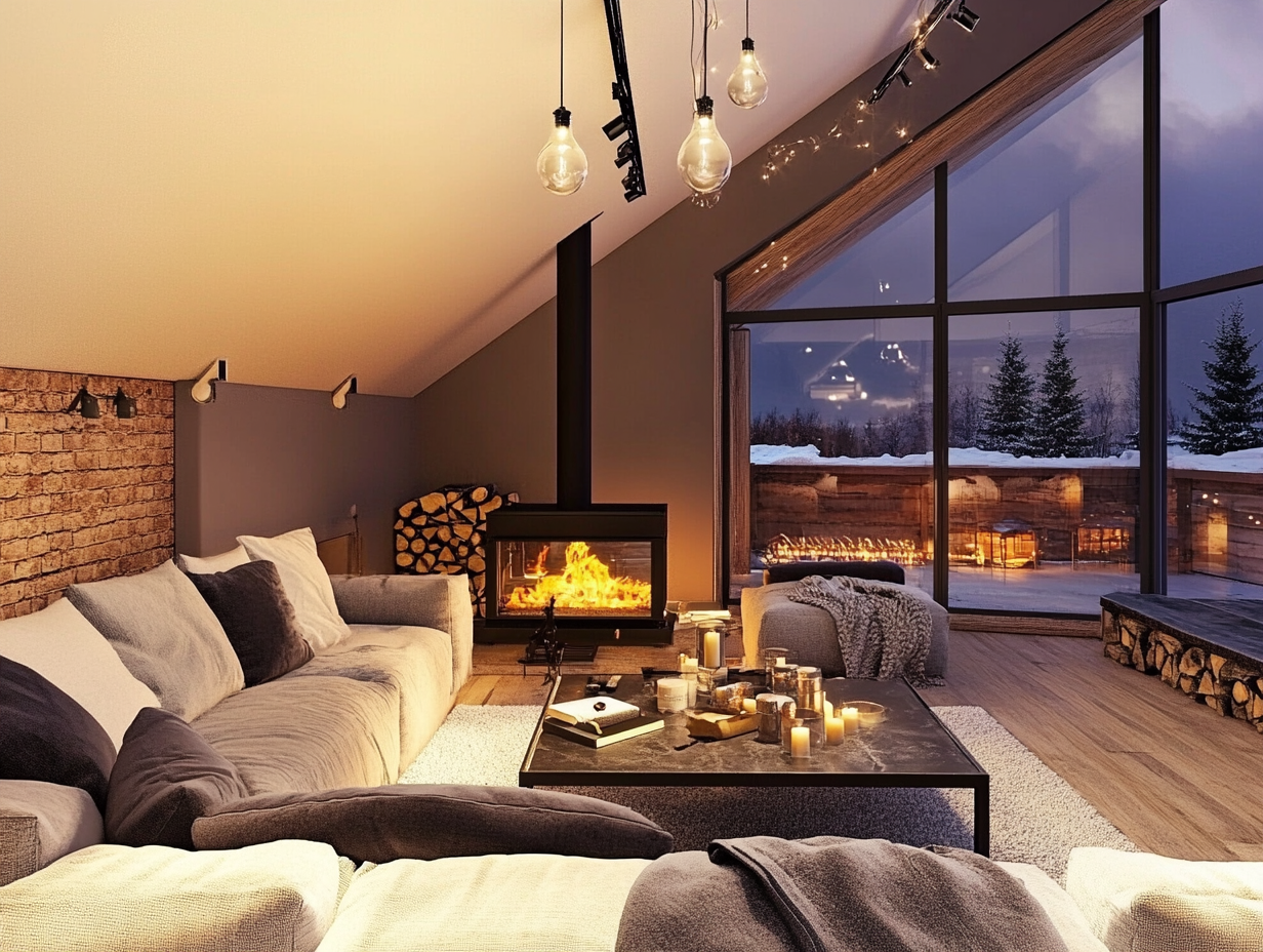Ein gemütliches, modernes Wohnzimmer mit einer schrägen Decke, großen Fenstern, die eine verschneite Landschaft zeigen, und hyggeligen Elementen wie Kerzen auf dem Couchtisch, weichen Sofas, einem Kamin, gestapeltem Brennholz und einer warmen, einladenden Beleuchtung, die den Raum erfüllt.