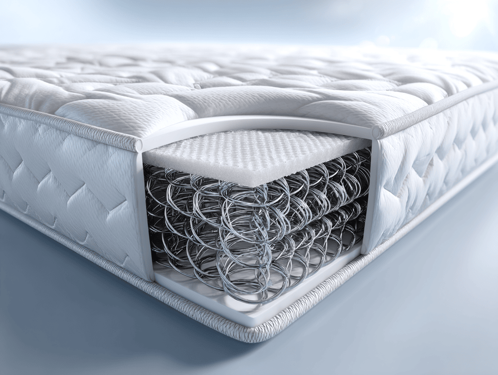 Eine Nahaufnahme einer Bonellfederkernmatratze mit einem Ausschnitt, der die inneren Metallspiralen und Polsterschichten zeigt und die Struktur und Materialien der Matratze hervorhebt. Der Hintergrund ist sanft verschwommen und vermittelt eine leichte, luftige Atmosphäre.