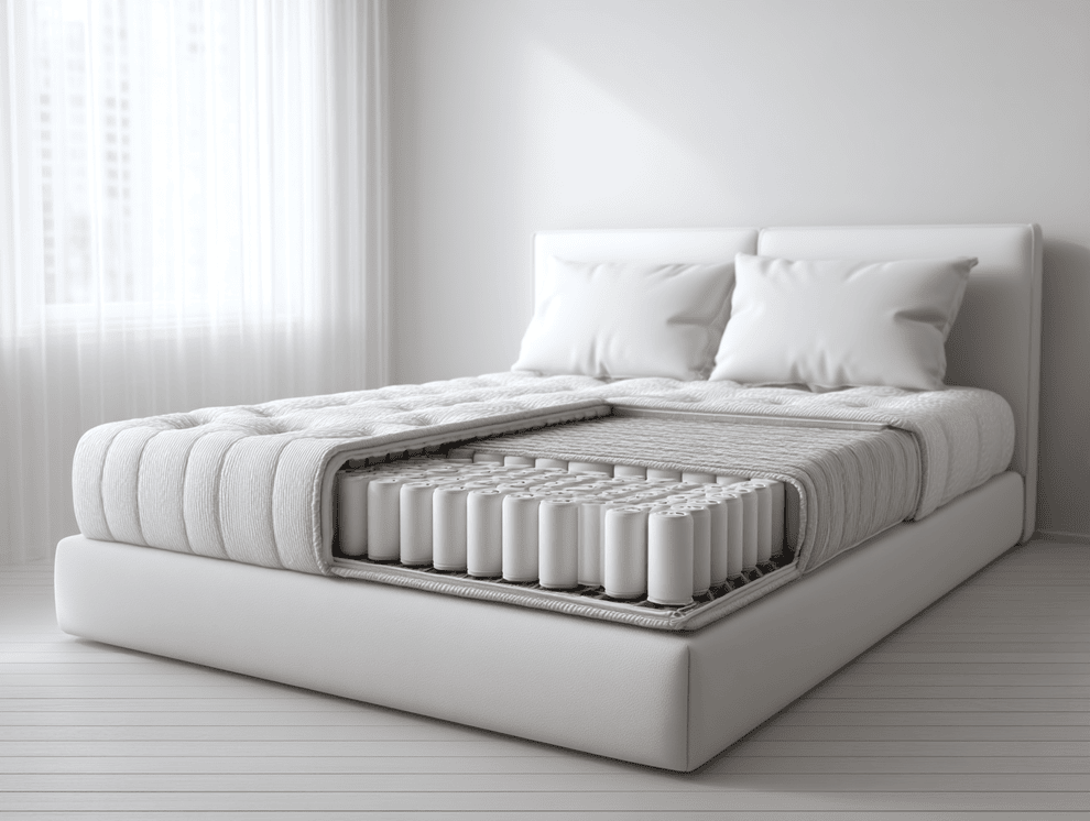 Ein modernes weißes Bett mit zwei Kissen, das mit einem Ausschnitt gezeigt wird, der die innere federkernmatratzen-Schraubenfederstruktur der Matratze in einem hellen, minimalistischen Schlafzimmer offenbart.