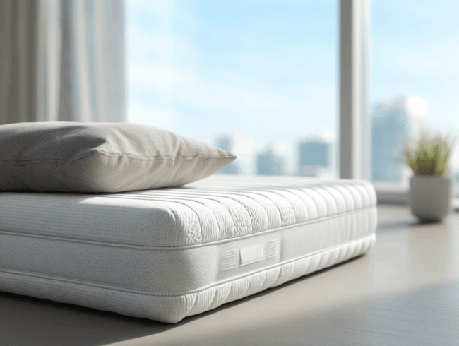 Ein ordentlich gemachtes Bett mit einer weißen Komfortschaummatratze und einem grauen Kissen steht vor großen Fenstern, die eine verschwommene Stadtlandschaft zeigen. Eine kleine Grünpflanze steht auf einem Tisch in der Nähe, während das Sonnenlicht den modernen, minimalistischen Raum erhellt.