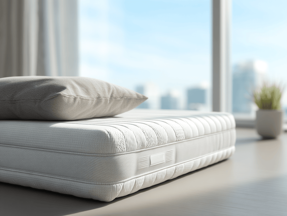 Ein ordentlich gemachtes Bett mit einer weißen Komfortschaummatratze und einem grauen Kissen steht vor großen Fenstern, die eine verschwommene Stadtlandschaft zeigen. Eine kleine Grünpflanze steht auf einem Tisch in der Nähe, während das Sonnenlicht den modernen, minimalistischen Raum erhellt.