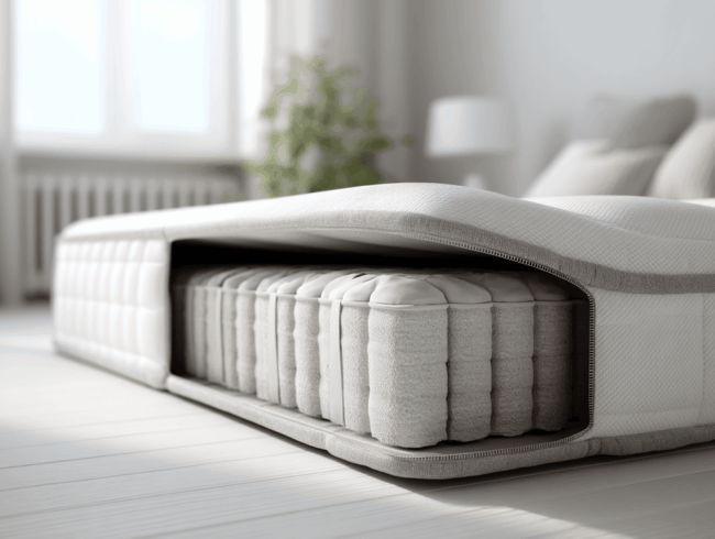 Eine Nahaufnahme einer Taschenfederkernmatratze, deren oberste Schicht teilweise weggeschnitten ist, so dass die inneren Taschenfederkerne sichtbar werden. Die Szene befindet sich in einem hellen, modernen Schlafzimmer mit einer weichen, neutralen Farbpalette.