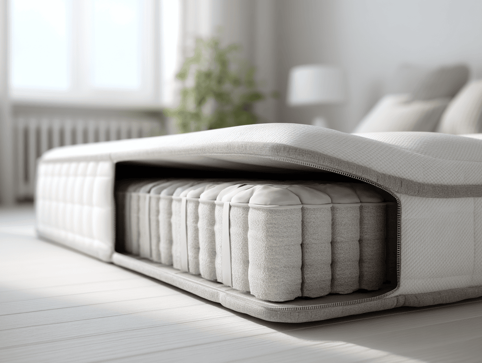 Eine Nahaufnahme einer Taschenfederkernmatratze, deren oberste Schicht teilweise weggeschnitten ist, so dass die inneren Taschenfederkerne sichtbar werden. Die Szene befindet sich in einem hellen, modernen Schlafzimmer mit einer weichen, neutralen Farbpalette.