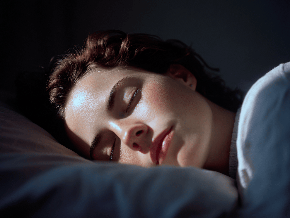 Eine Person mit kurzen braunen Haaren schläft friedlich auf einem weißen Kissen, das in weiches, natürliches Licht getaucht ist. Ihr Gesicht wirkt entspannt und gelassen, teilweise von einer weißen Decke bedeckt, während sanfte Träume durch ihren Geist wandern.