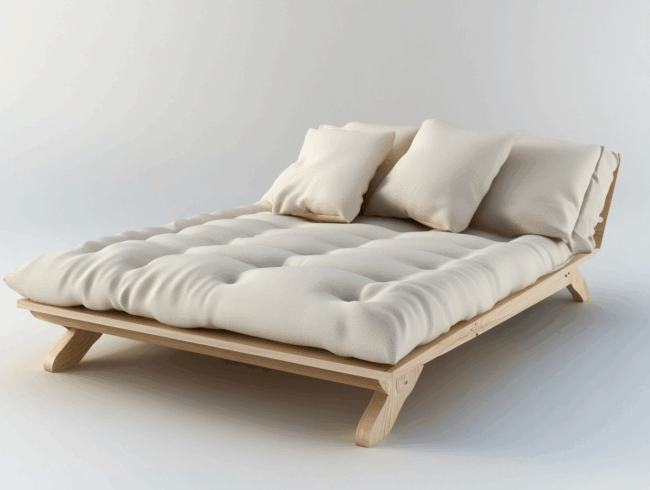 Ein minimalistischer Futonbett-Holzrahmen mit einer dicken, getufteten weißen Matratze und drei großen weißen Kissen vor einem schlichten weißen Hintergrund.