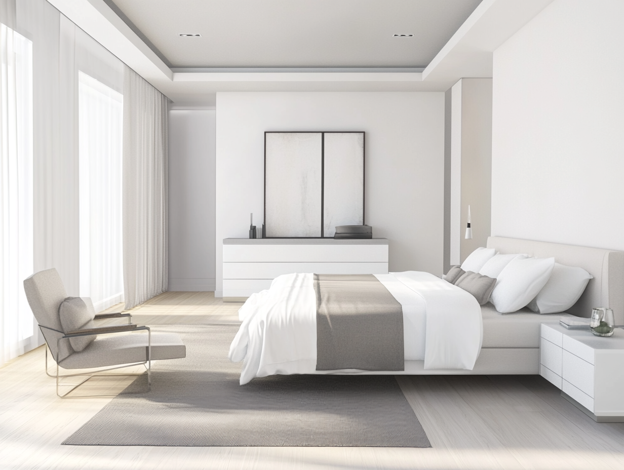 Ein modernes, minimalistisches Schlafzimmer mit einer hellen Farbpalette, mit einem ordentlich gemachten Bett mit Matratzen für Allergiker, einem grauen Teppich, einem Sessel, einer Kommode mit gerahmter Kunst und großen Fenstern mit transparenten Vorhängen, die natürliches Licht hereinlassen.