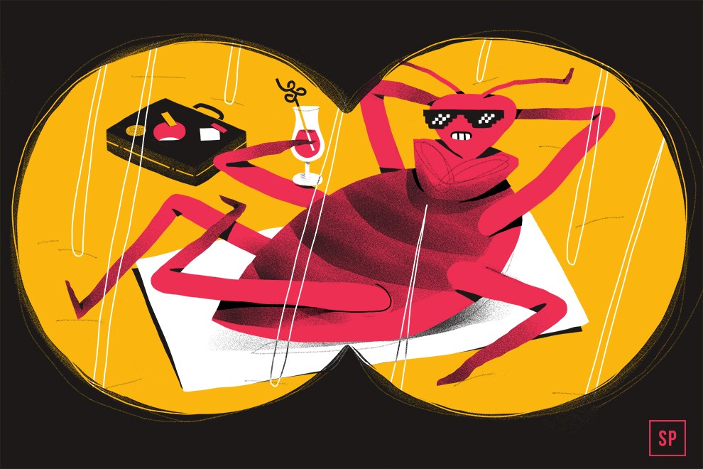 Eine Cartoon-Bettwanze liegt auf einem Handtuch, trägt eine pixelige Sonnenbrille und hält ein Getränk in der Hand. Ein Koffer mit einem Herzaufkleber steht daneben. Die Szene wird durch ein Fernglas betrachtet.