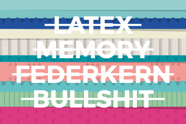 Lebendige Illustration von Matratzenquerschnitten in kräftigen Farben und Stilen, mit LATEX, MEMORY, FEDERKERN und BULLSHIT in großen weißen Buchstaben durchgestrichen - wie eine Szene aus The Big Sleep, neu inszeniert für Kino-Fans.