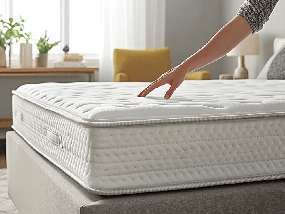 Eine Person drückt ihre Hand sanft auf eine dicke, weiße Matratze mit gesteppter Oberfläche und testet ihre Weichheit und Formstabilität. Die Matratze ruht auf einem Bettgestell in einem hellen, modernen Schlafzimmer mit einem gelben Stuhl im Hintergrund.
