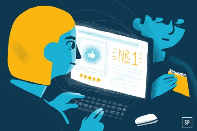 Illustration einer Person mit gelben Haaren, die einen Computer benutzt und eine Fünf-Sterne-Bewertung und ein Daumen-hoch-Symbol auf Matratzen-Testseiten betrachtet, während ein anderer Verbraucher im Hintergrund eine Kreditkarte und einen Umschlag hält.