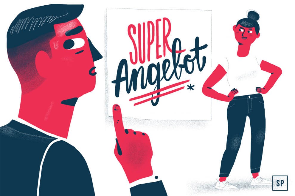 Eine Illustration eines Matratzenverkäufers, der auf ein Schild mit der Aufschrift Super Angebot zeigt, während eine Frau mit den Händen in den Hüften daneben steht, beide mit ernstem Gesichtsausdruck und stilisiert in roten, weißen und blauen Tönen.