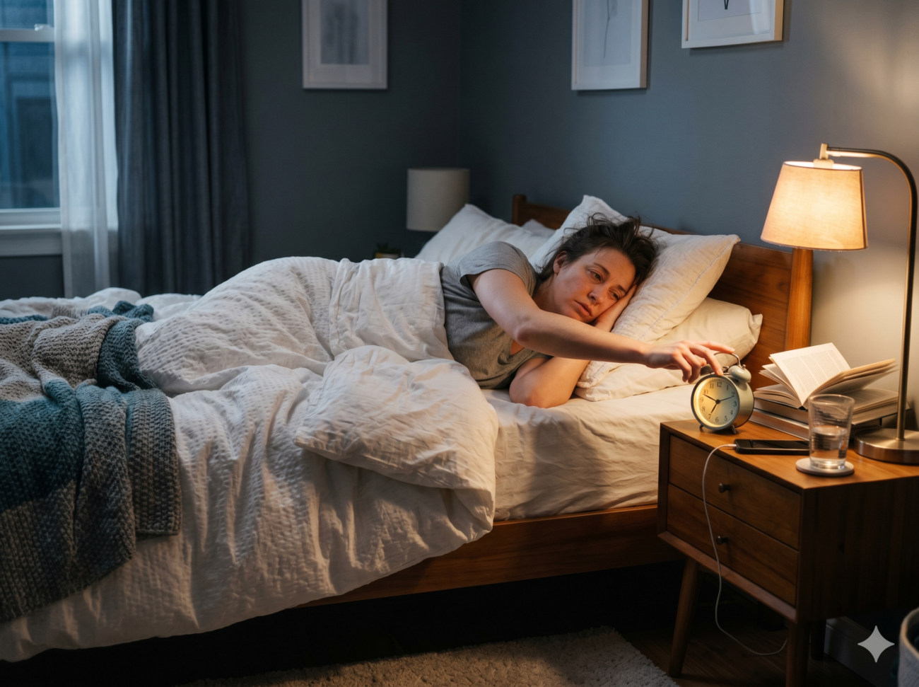 Eine Frau liegt im Bett unter einer weißen Bettdecke und versucht, den Wecker auf einem hölzernen Nachttisch auszuschalten. In einem schwach beleuchteten Schlafzimmer stehen eine Lampe, ein Buch und ein Glas Wasser.